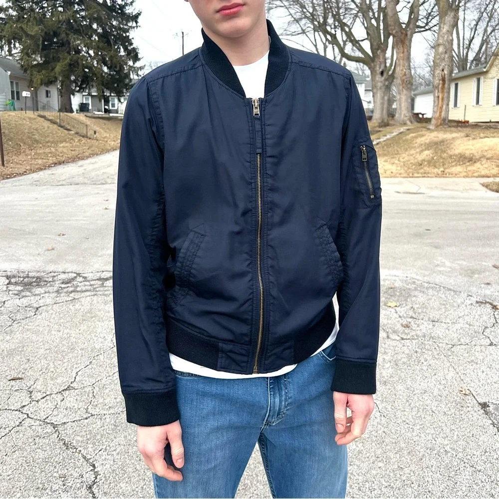- Hollister L Navy Bomber Jacket! EUC!